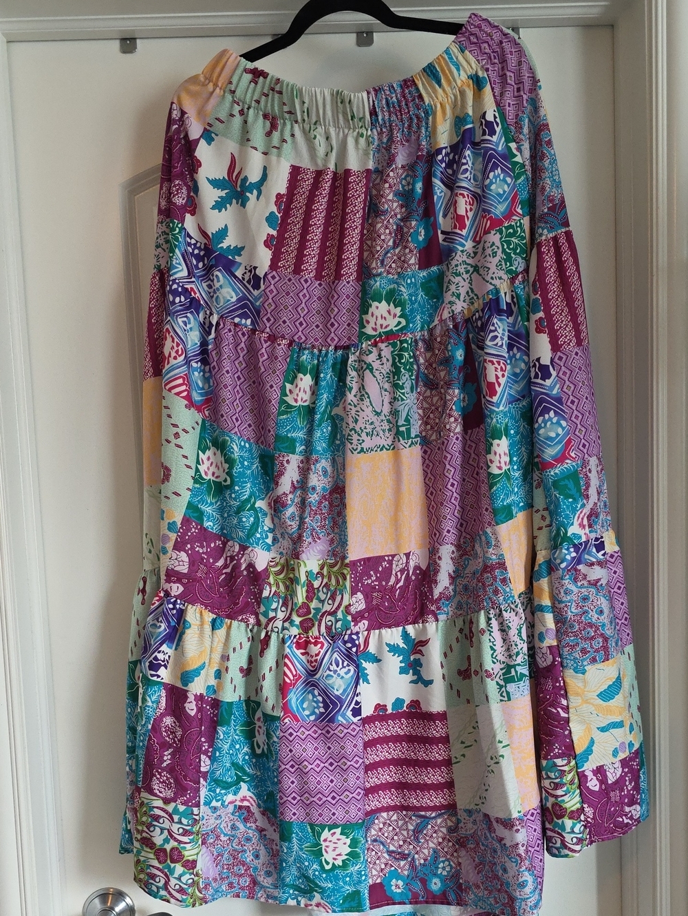 NWOT Boutique Large Bohemian Patchwork Tiered Maxi Skirt in Purple & Teal